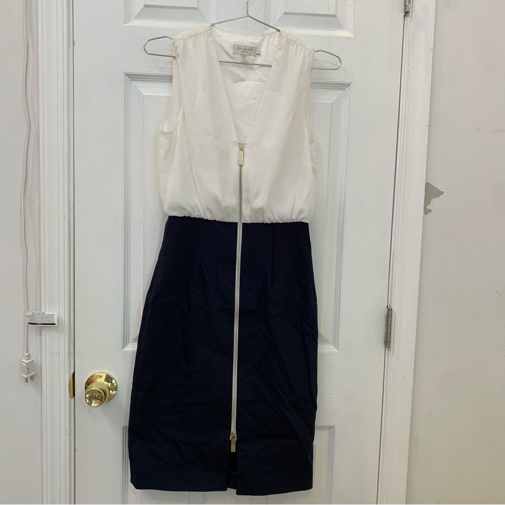 Ted Baker London Womens Blue White Zip Annise Sleeveless Pencil Dress Sz 1